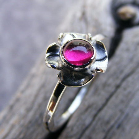Ruby Sterling Silver Stacking Flower Blossom Ring - Birthstone Skinny Stackable Gemstone Ring - Made To Order Handcrafted By Helene's Dreams - HorseCreekJewelry