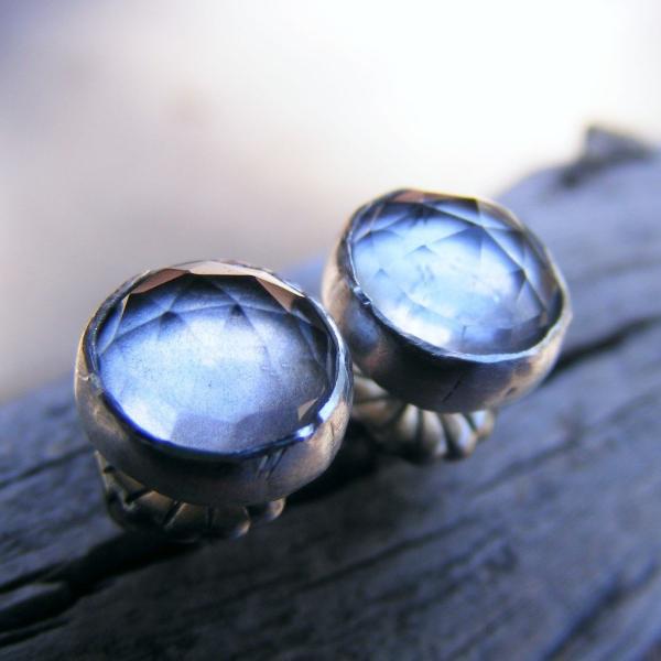 Crystal Quartz Sterling Silver Studs, Rose Cut Faceted Gemstone Post Earrings, Dangle Optional, Medium Size, Smokey Diamond Like, Oxidized - HorseCreekJewelry