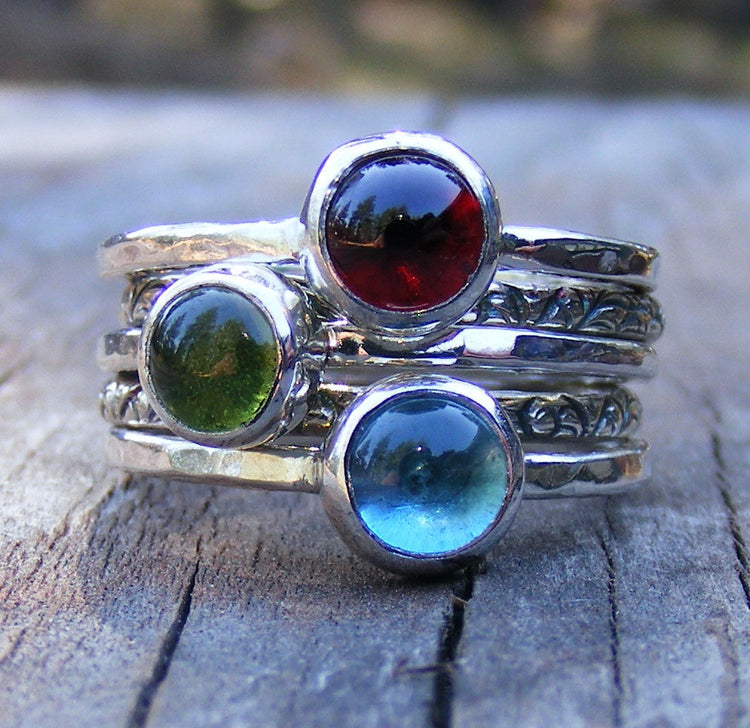 Mothers Birthstone Stacking Rings - Garnet, London Blue Topaz And Peridot Gemstones In Recycled Sterling Silver -  Mother's Day Gift Ring - HorseCreekJewelry