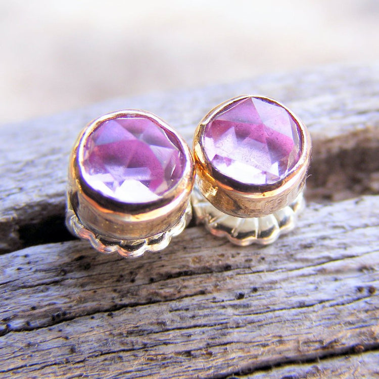 Pink Sapphire Gold Studs Post Earrings, Pink Rose Cut Gemstone, Available In Sterling Silver, Handcrafted Rustic Jewelry - HorseCreekJewelry
