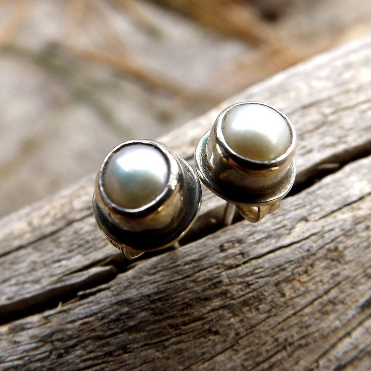 Pearl Sterling Silver Studs, Pearl Post Earrings Set In Recycled Oxidized Sterling Silver, Wedding Bridal Jewelry - HorseCreekJewelry