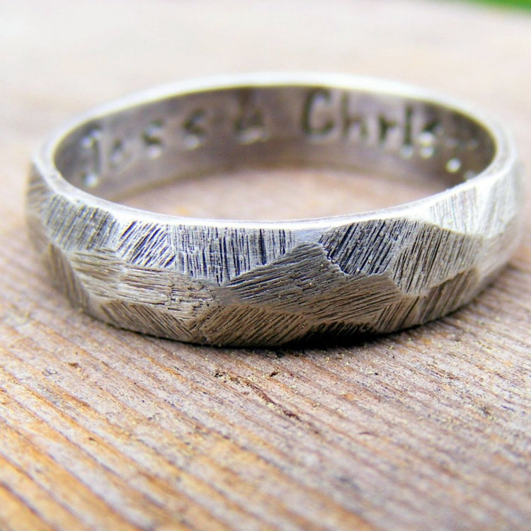 Palladium Sterling Silver Wedding Ring, Mens Textured Ring Band, Rustic Worn Organic Textured Ring Band - HorseCreekJewelry