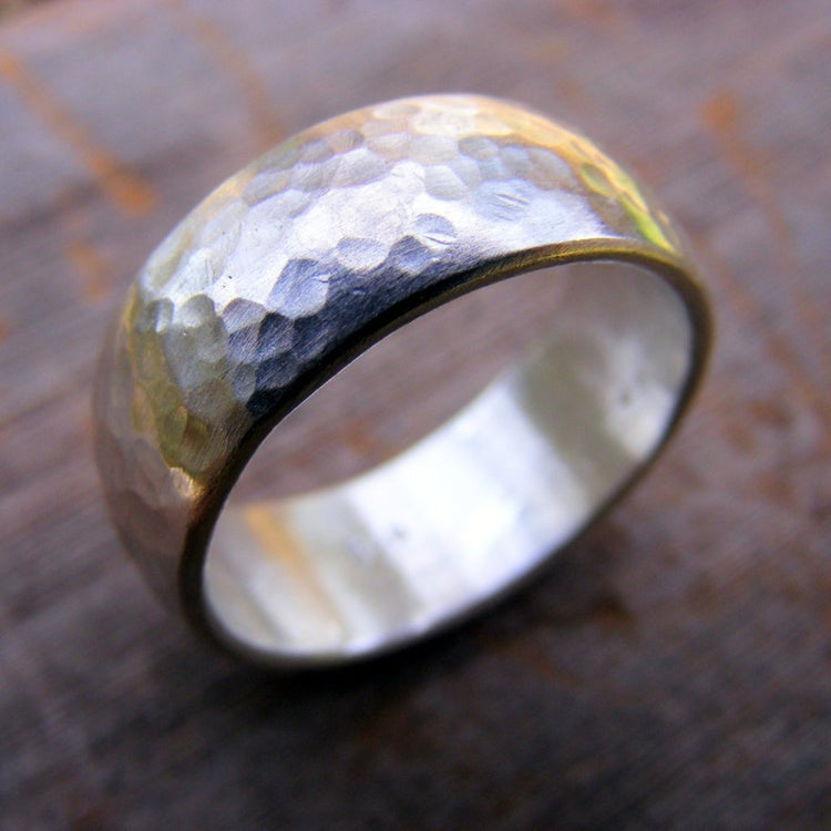 Sterling Silver Wide Wedding Band, Unisex Rustic Mens Or Womens Hammered Silver Ring Band - HorseCreekJewelry