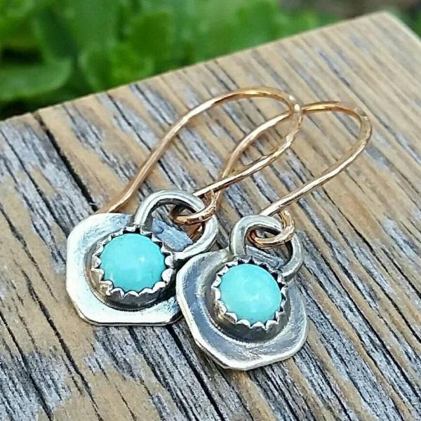 Turquoise Dangle Earrings, Sterling Silver And Gold Mixed Metal, Rustic Cowgirl Southwest Boho style Jewelry - HorseCreekJewelry