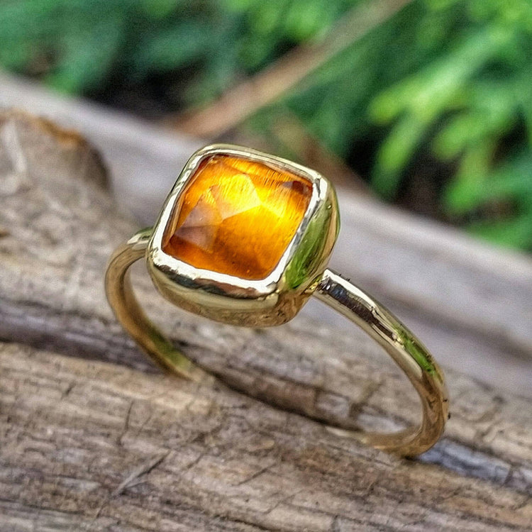 Solid Gold Citrine Stacking Ring with Rose Cut Citrine Gemstone, November Birthstone Ring, Yellow Gemstone Jewelry, also in Sterling Silver - HorseCreekJewelry