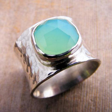 Wide Sterling Silver Aqua Chalcedony Gemstone Chunky Ring Band, Ocean Beach Sea Ring, Turquoise, Aquamarine, Cocktail Ring, Statement Ring - HorseCreekJewelry