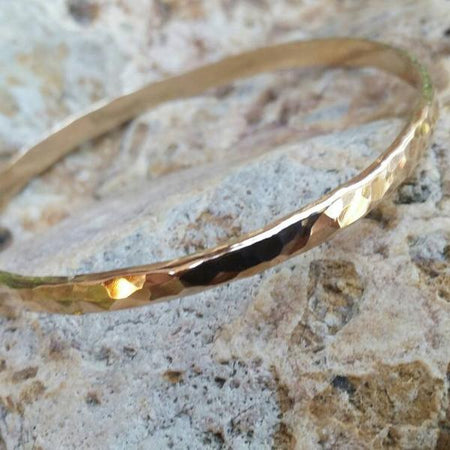 Gold Bangle Bracelet thick and wide with hammered shiny texture. Available in Gold Filled, Rose Gold Filled, 14kt Gold, or 14kt Rose Gold. - HorseCreekJewelry