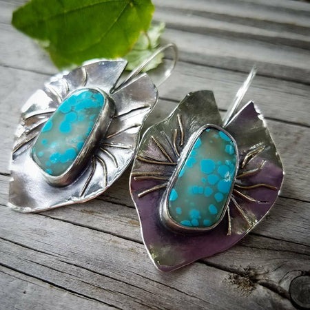 Turquoise Lilypad Leaf Earrings - Designer, Artisan Art, One of A Kind, Handmade Metalsmith Jewelry. Boho Cowgirl Style - HorseCreekJewelry