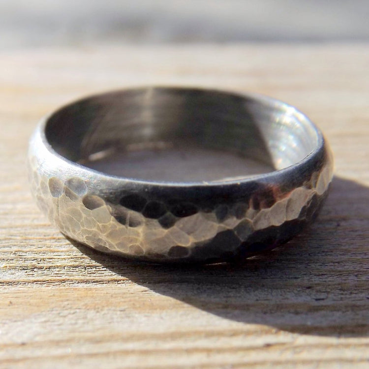 Sterling Silver Wedding Band, Rustic Mens Or Womens Hammered Textured Oxidized Silver Ring Band,  Darkened Silver Ring Band, Gunmetal Look - HorseCreekJewelry