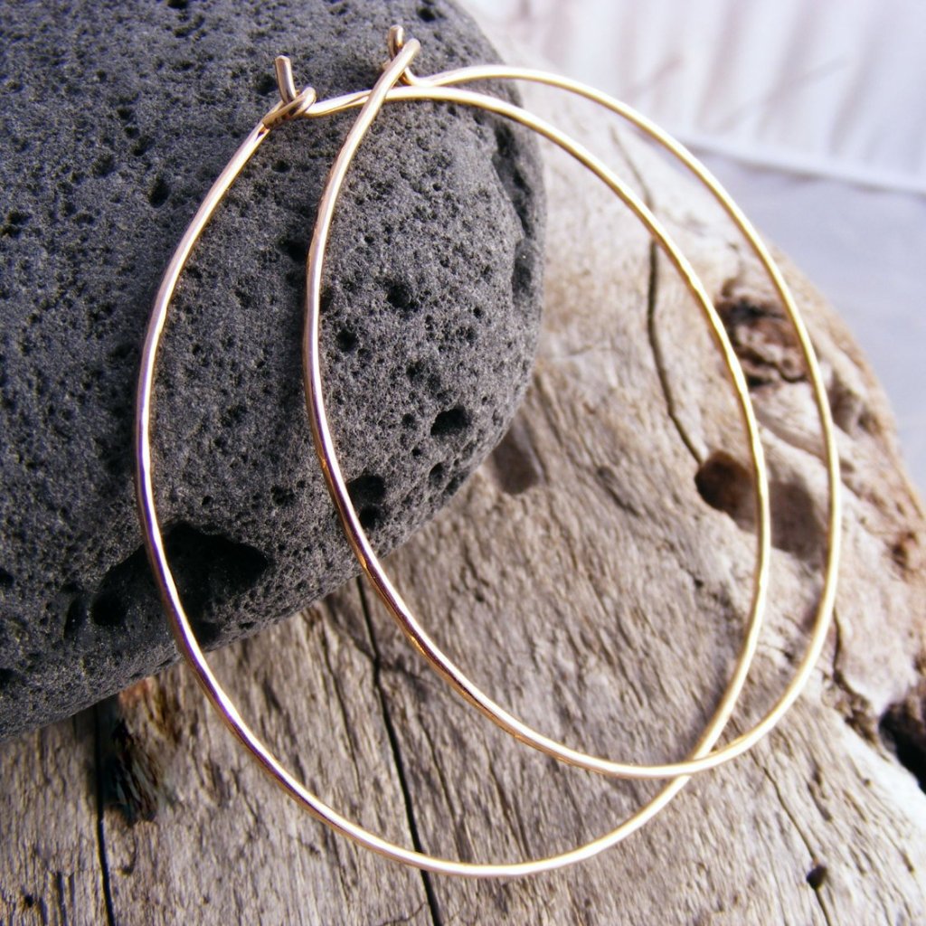 Large Gold Hoops, 2 Inches Skinny, Slim, Thin Hammered 14kt Yellow Or ...