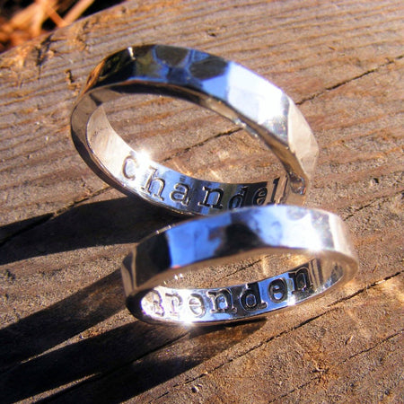 Wedding Ring Band Set Palladium Sterling Silver Mens Women Couples Ring Set, Personalized, Engraved, Engagement Ring, Custom Hand Stamped - HorseCreekJewelry