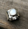 Moonstone Ring,  Wide Moonstone Sterling Silver Ring, Rose Cut Moonstone Big Chunky Ring, Rainbow Moonstone Wide Ring, Recycled Silver - HorseCreekJewelry