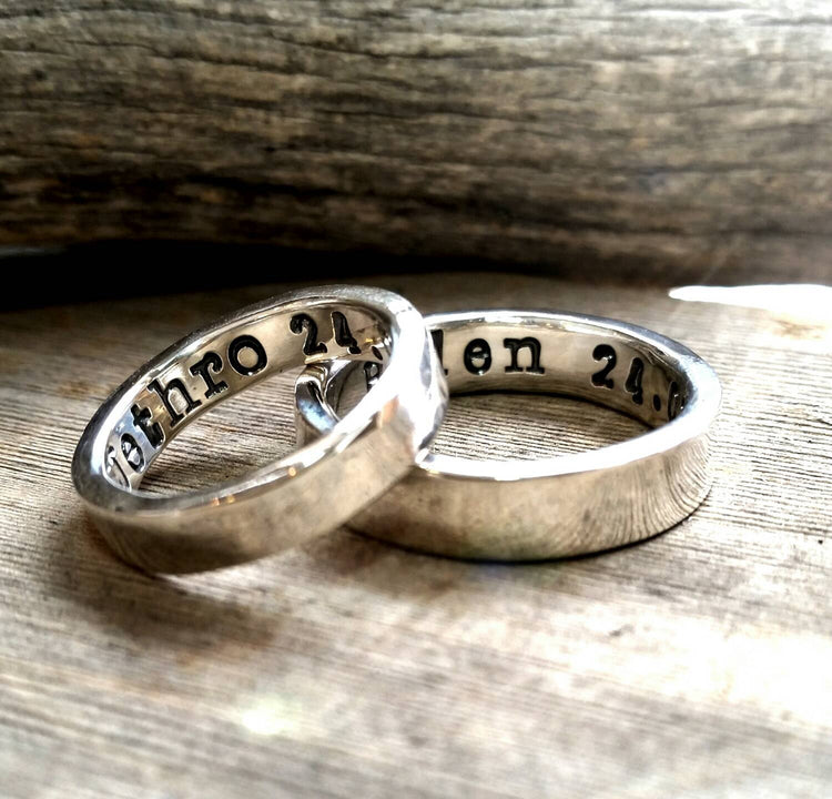 Sterling Silver Wedding Ring Band Set, Men, Womens, Couples Ring Set, Custom, Personalized, Engraved, Hand Stamped, Engagement Promise Ring - HorseCreekJewelry