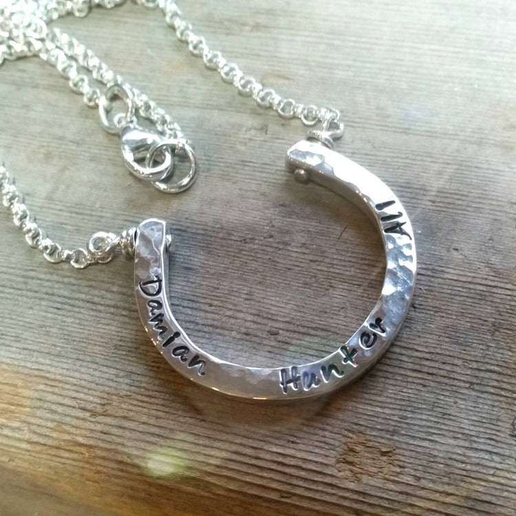 Horseshoe Sterling Silver Necklace - Custom Engraved Personalized Mothers Necklace - Good Luck Cowgirl Statement, Childrens Name Pendant - HorseCreekJewelry