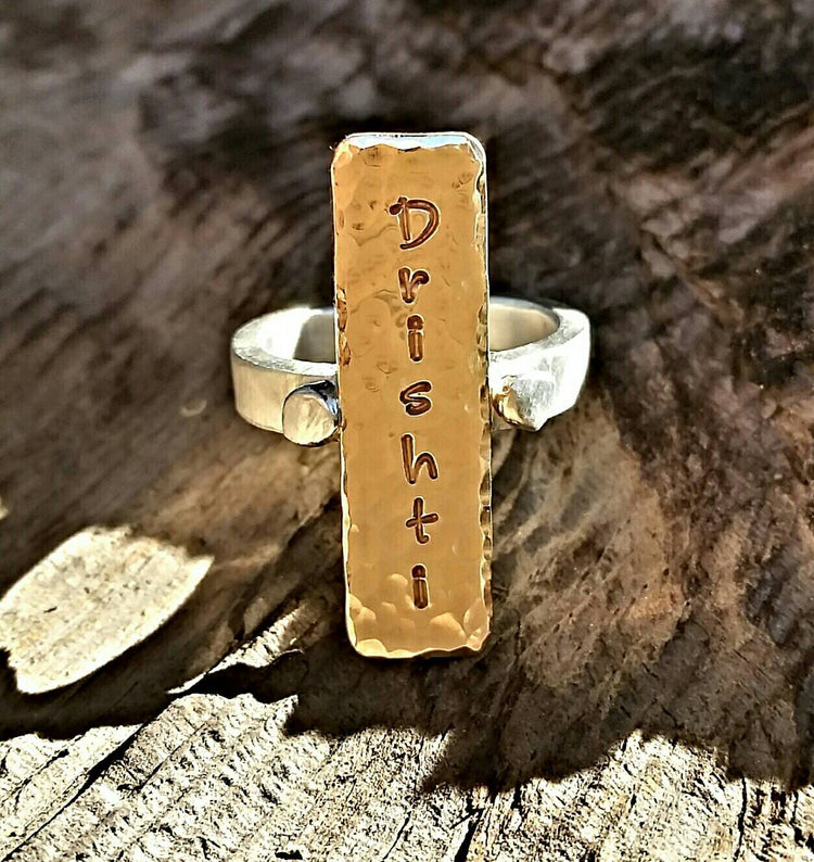 Gold Silver Mixed Metal Custom Engraved Ring, Handstamped Personalized Engraved Yoga Or Name Statement Ring, Inspirational Memory Jewelry - HorseCreekJewelry